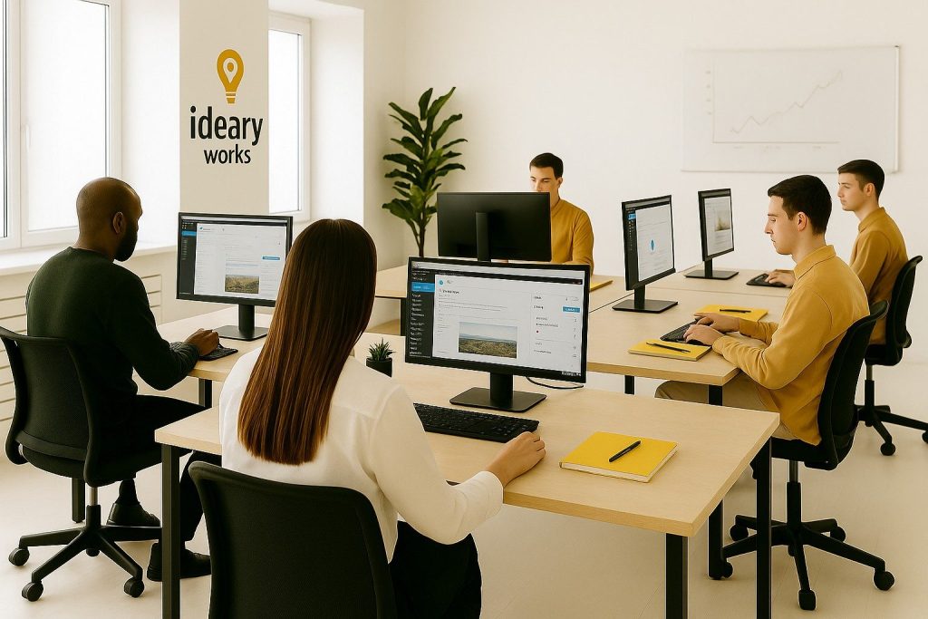 Gruppe von Personen, die in einer modernen Büroumgebung an Computern arbeiten, mit einem Logo an der Wand. Gruppe von Personen, die in einer modernen Büroumgebung an Computern arbeiten, mit einem Logo an der Wand.