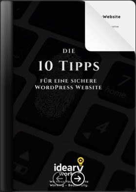 E-Book-Cover mit dem Titel 'Die 10 Tipps für eine sichere WordPress Website' auf einer Tastatur.
