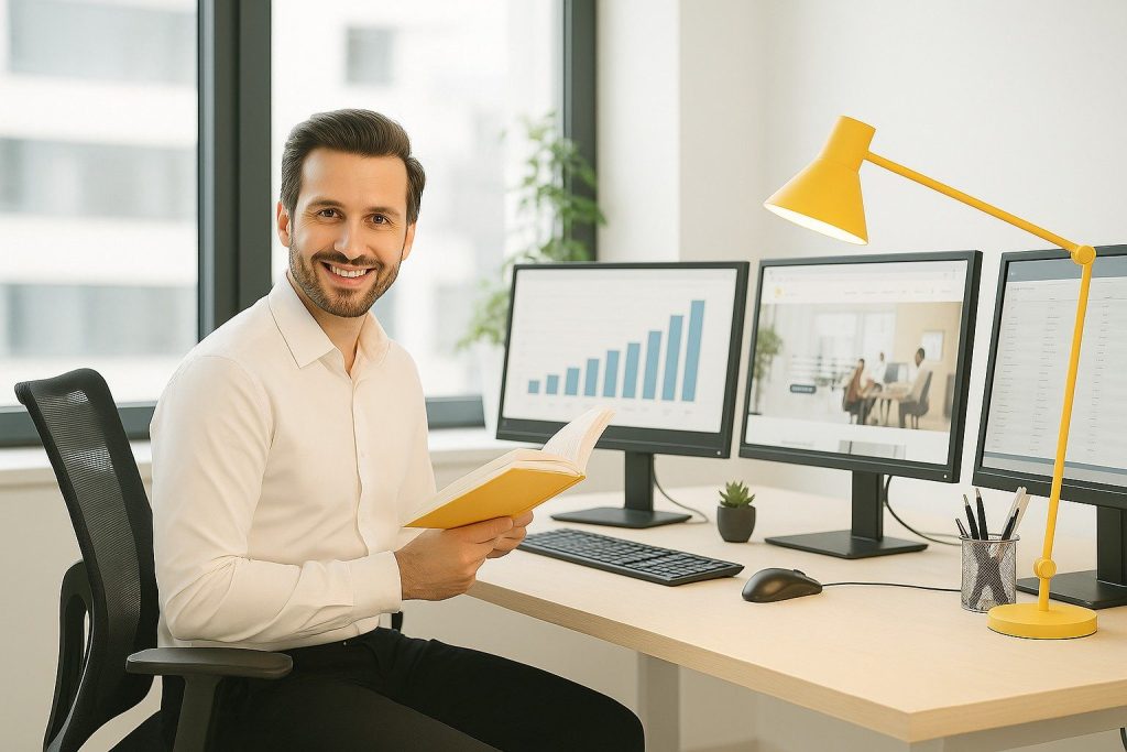 Mann sitzt an einem Schreibtisch in einem Büro, hält ein Buch in der Hand, mehrere Computerbildschirme zeigen Grafiken an. Mann sitzt an einem Schreibtisch in einem Büro, hält ein Buch in der Hand, mehrere Computerbildschirme zeigen Grafiken an.