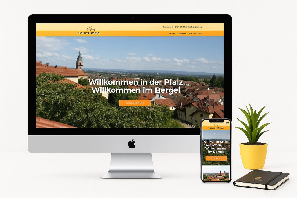 Desktop- und Mobil-Mockup einer Website für Pension Bergel mit malerischer Aussicht im Hintergrund. Desktop- und Mobil-Mockup einer Website für Pension Bergel mit malerischer Aussicht im Hintergrund.
