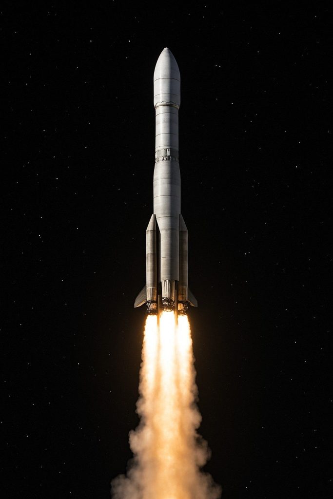 Eine Rakete steigt mit Flammen und Rauch hinter sich vor einem dunklen Hintergrund in den Weltraum auf. Eine Rakete steigt mit Flammen und Rauch hinter sich vor einem dunklen Hintergrund in den Weltraum auf.